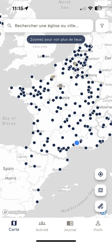 Carte de France dans Lumen, parsemée des églises référencées