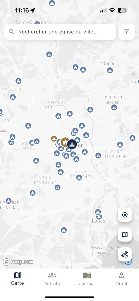 Application Lumen : carte de Montpellier avec les églises référencées, marqueurs bleu nuit et bronze