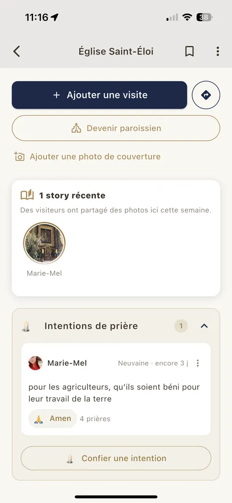 Fiche d'une église dans Lumen : story récente de visiteurs et intention de prière confiée au lieu