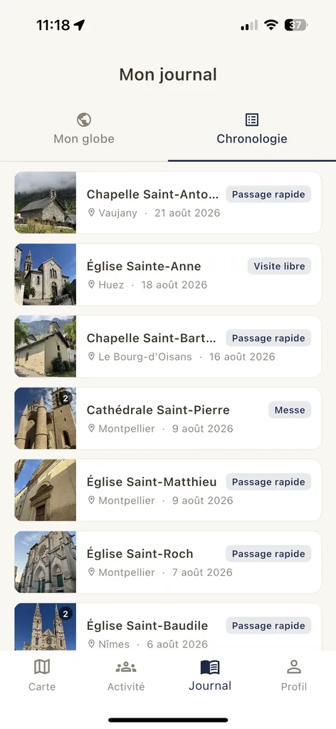 Journal chronologique de Lumen : liste des visites avec photo, lieu, date et contexte