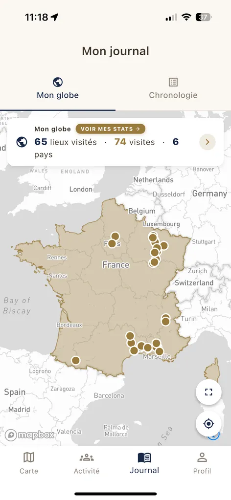 Onglet Mon globe de Lumen : carte personnelle des lieux visités avec compteur de lieux, visites et pays